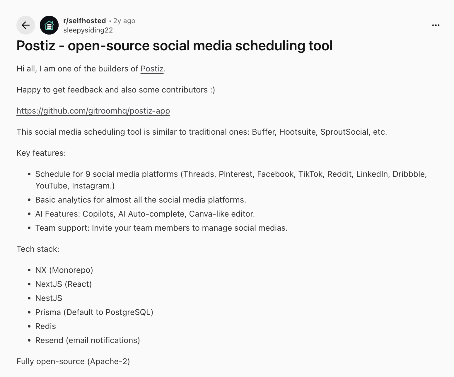 Первая публикация Postiz в сообществе selfhosted на Reddit