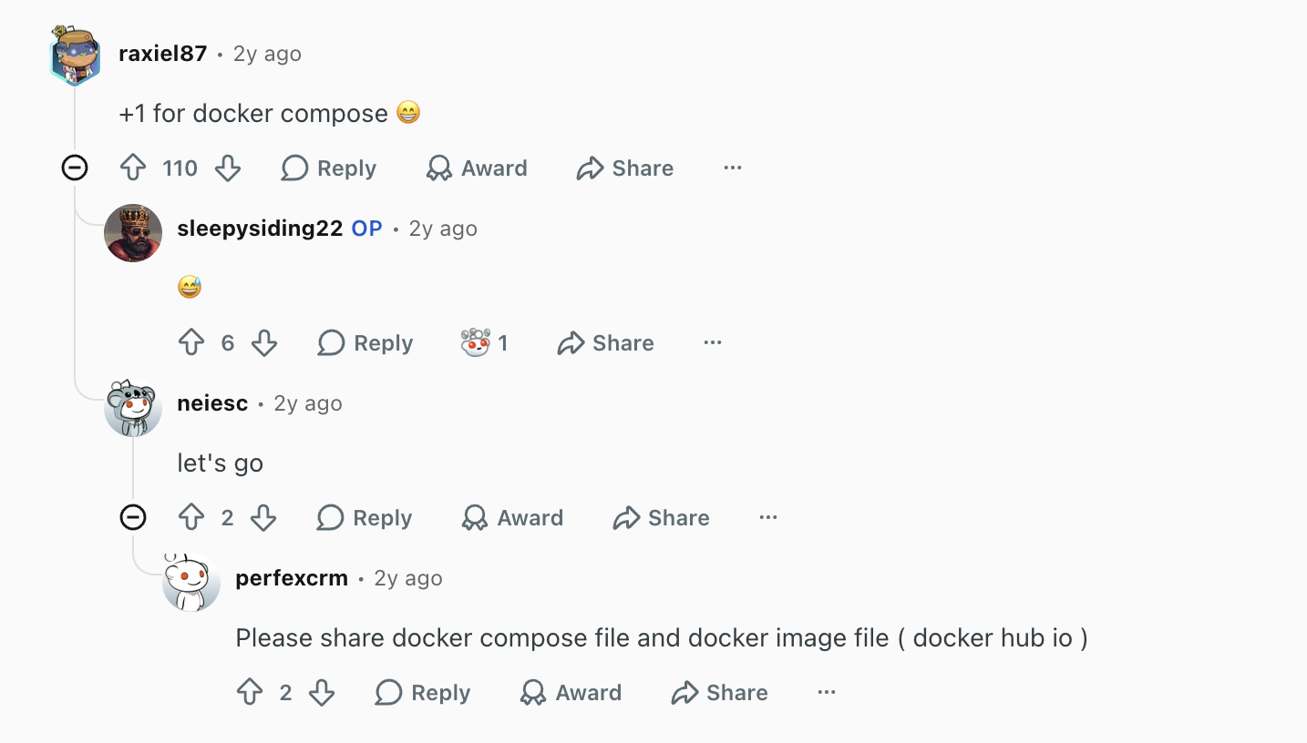 Комментарии пользователей Reddit с просьбой добавить Docker Compose