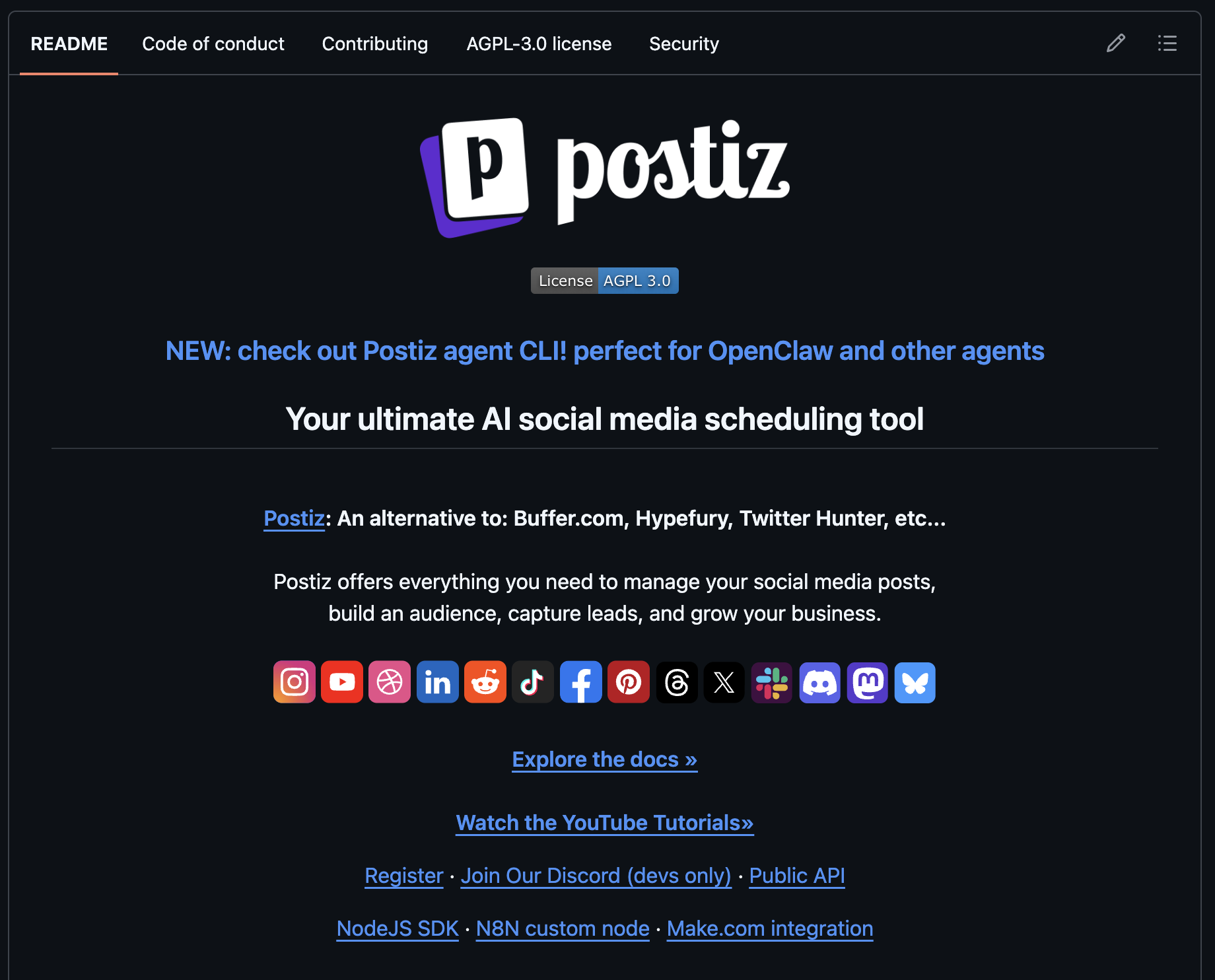 Верхняя часть README репозитория Postiz
