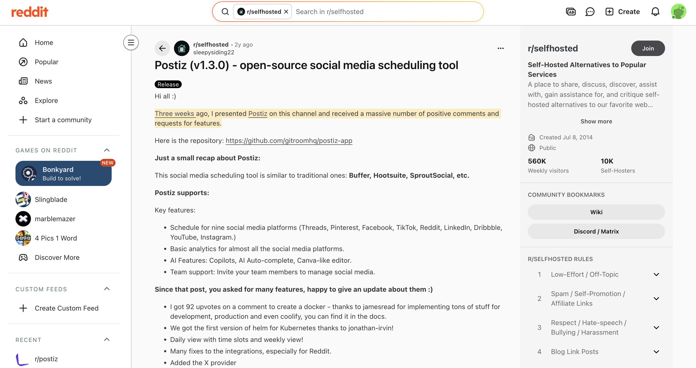 Публикация Postiz v1.3.0 в r/selfhosted