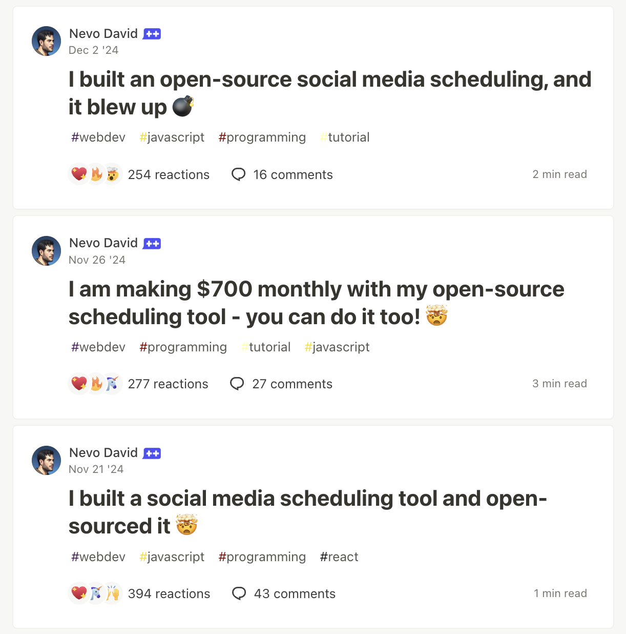 Серия статей Нево Давида о Postiz на DEV