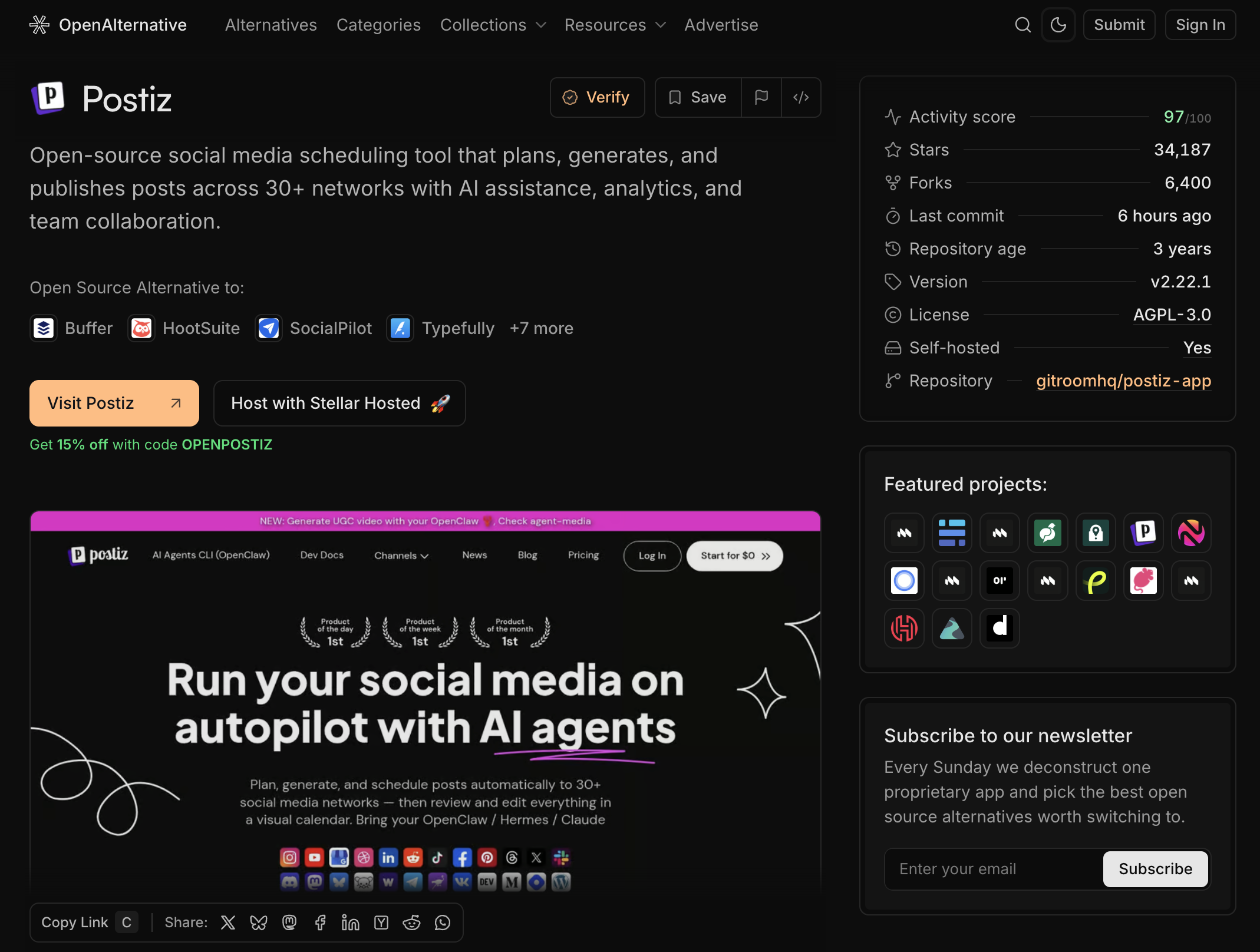 Карточка Postiz на OpenAlternative