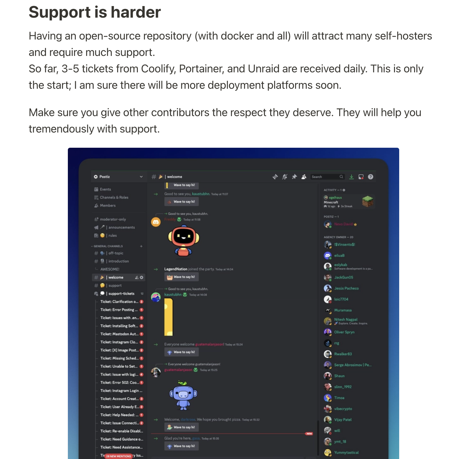 Фрагмент статьи Postiz о личном общении с open-source-сообществом