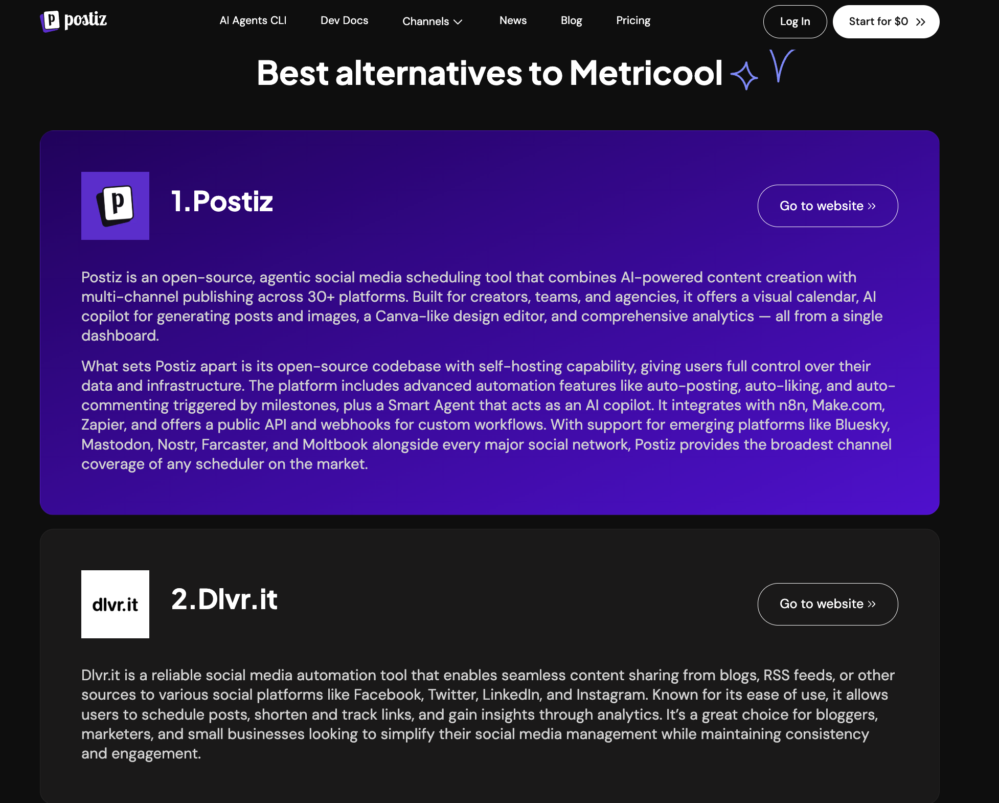 Список сервисов на странице Metricool alternatives