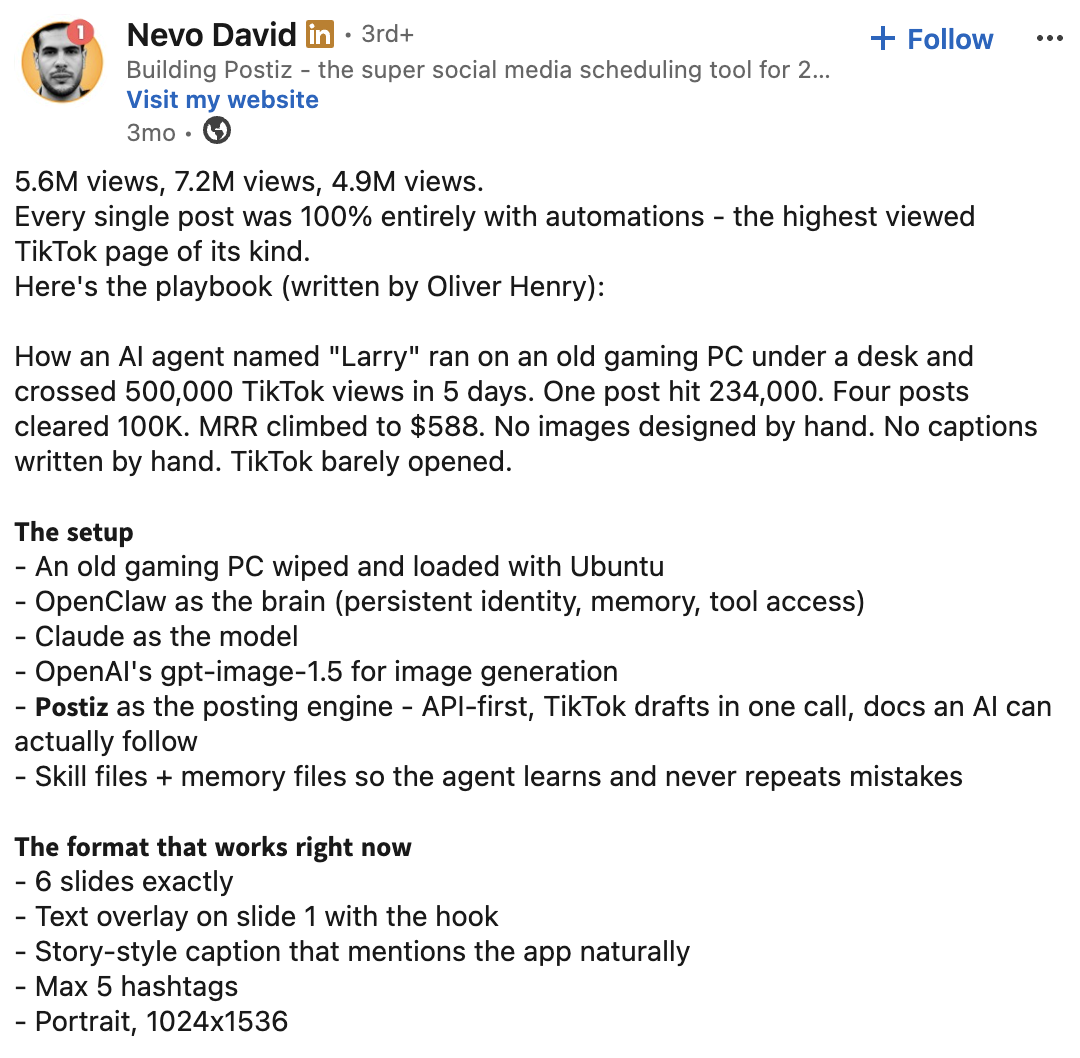 LinkedIn-пост Нево с подробным разбором истории Larry